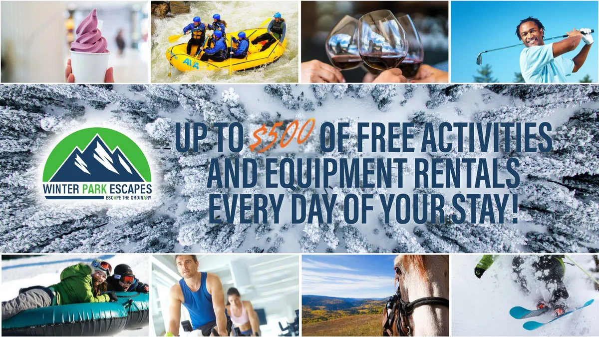 An energetic exterior collage featuring guests enjoying activities such as rafting, skiing, wine tasting, golfing, horseback riding, and savoring ice cream, all with stunning mountain scenery as a backdrop. This image encapsulates a diverse range of year-round outdoor adventures and resort-style amenities.